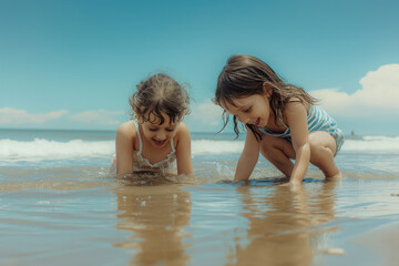 Fototapeta premium Two little girls are playing in the water on the beach