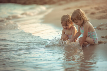 Two little girls are playing in the water on the beach