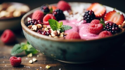 A topdown shot of a protein smoothie bowl, adorned with fresh berries and nuts for an energizing breakfast. - obrazy, fototapety, plakaty