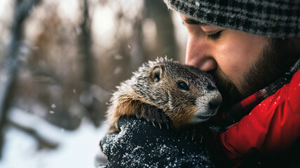Man holding a cute groundhog. Groundhog day celebration. Spring prediction and weather forecast concept - obrazy, fototapety, plakaty