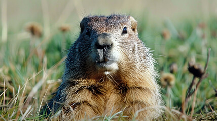 Naklejka na ściany i meble Portrait of the cute groundhog sitting in the grass. Groundhog Day weather prediction. Welcome spring