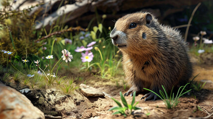 Naklejka na ściany i meble Cute groundhog sitting in the grass on a sunny warm spring day. Groundhog Day weather prediction