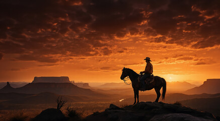 In the dying light of the setting sun, a cowboy and his horse stand on a rocky peak, surveying the vast expanse of the wild west.