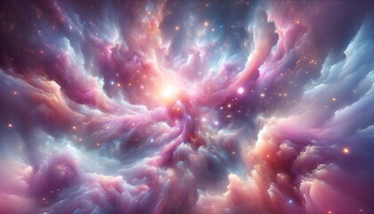 A Symphony of Abstract Starlight and Pastel Nebulae. Abstract starlight weaves through pink and purple clouds of stardust. Space background - obrazy, fototapety, plakaty