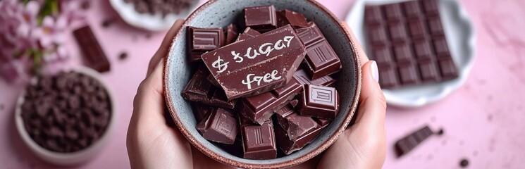 dark chocolate bar with "sugar free" written on it, broken into pieces. Concept: organic and natural product	