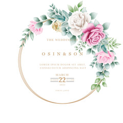 Watercolor pink floral wreath with golden circle