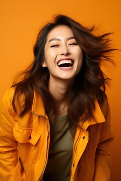 Laughing woman in yellow jacket