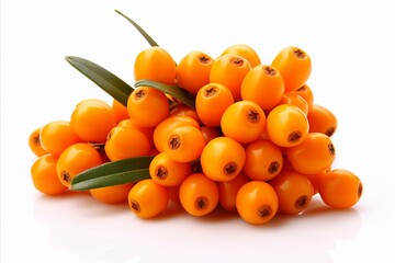 Ripe sea buckthorn berries on white background   deep depth of field, close up food photo isolated.