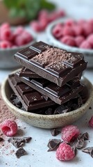 dark chocolate bar with "sugar free" written on it, broken into pieces. Concept: organic and natural product	