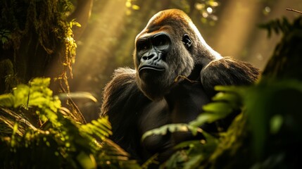 Naklejka premium A silverback mountain gorilla in a rainforest. Neural network AI generated art