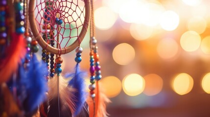 Closeup of a colorful, handcrafted dreamcatcher a modern twist on a traditional trend, embodying the fusion of innovation and personal style. - obrazy, fototapety, plakaty