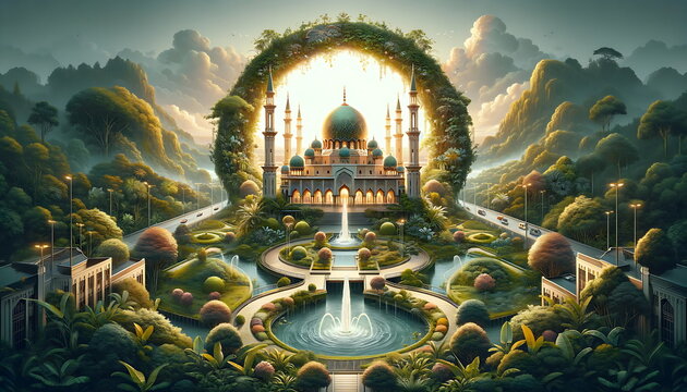 A mosque in a lush, green setting with a beautiful fountain. Behind it is a circular plant. Mosque, with warm colors of orange, yellow and gold. can be used for greeting cards, wallpapers, presentatio