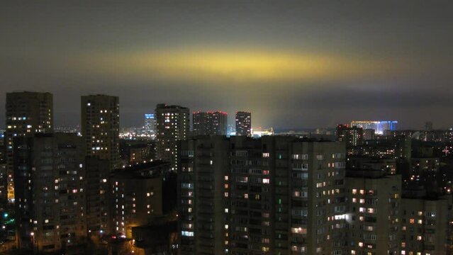 The sky above the stadium lights in the modern district of Moscow
