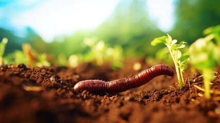 Closeup of a thriving earthworm, an indicator of healthy soil in sustainable agriculture practices. - obrazy, fototapety, plakaty