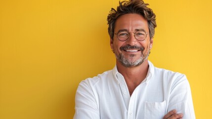Confident middle-aged businessman in a white shirt Express yourself in a friendly yet professional manner. and the smiles of middle-aged adults conveys happiness on a white background for various uses - obrazy, fototapety, plakaty