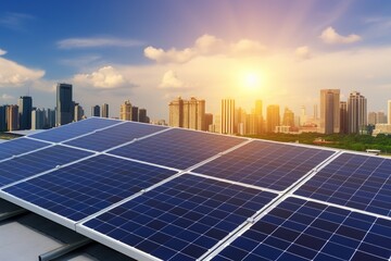 Solar panels on the rooftop of a building with a cityscape in the background