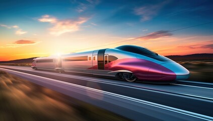 Obraz premium futuristic high speed train traveling at sunset
