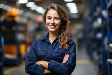 Portrait of a smiling female worker in a blue uniform standing in a warehouse - obrazy, fototapety, plakaty