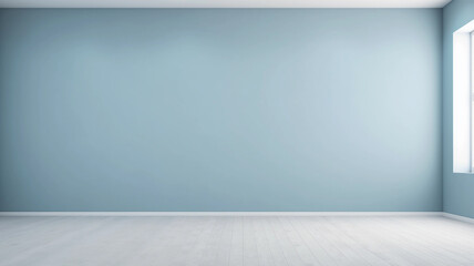 Neutral dusty blue color empty room with light from window in modern interior. Wall scene mockup for showcase with copy space.
