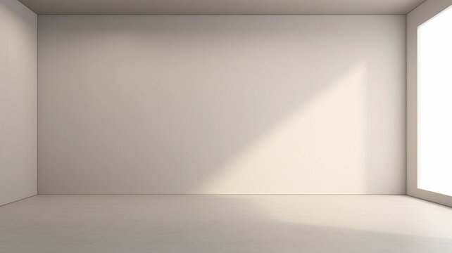 Light ivory color empty room with light from window in modern interior. Wall scene mockup for showcase. Wall with copy space.