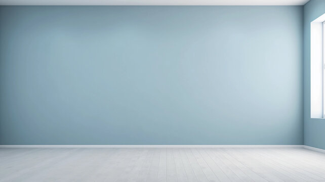 Fototapeta Neutral dusty blue color empty room with light from window in modern interior. Wall scene mockup for showcase with copy space.