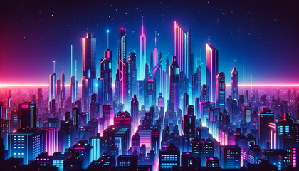 Synthwave retro-futuristic cyberpunk style city landscape with clouds background. Bright neon pink and blue colors. - obrazy, fototapety, plakaty