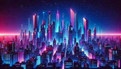 Foto op Aluminium Synthwave retro-futuristic cyberpunk style city landscape with clouds background. Bright neon pink and blue colors. © Aksaka