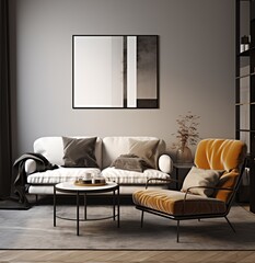 Modern living room interior with white sofa, yellow armchair and black coffee table