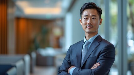 Fototapeta premium Portrait of happy millennial male business owner in modern office. Businessman wearing glasses, smiling and looking at camera. Busy diverse team working in background. Leadership concept. Head shot.