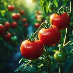 Trzy czerwone dojrzewające w słońcu pomidory wiszące na krzaku, ułożone schodkowo, w szklarni.