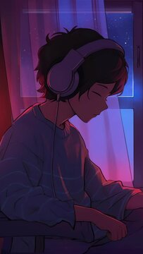 Lofi animation. Seamless loop. Guy listening the music. Assets were created with the help of an AI and then were manually modified and animated.