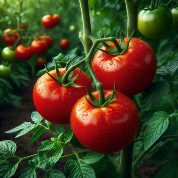 Kiść trzech dorodnych dojrzałych pomidorów na krzaku . W tle inne zdrowe, soczyście zielone krzaki z pomidorami w różnym stopniu dojrzałości.