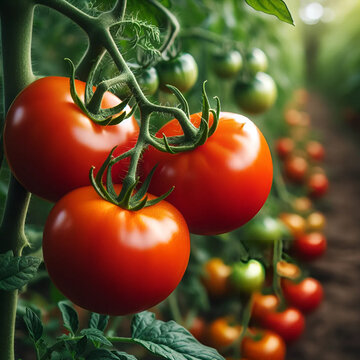 Kiść trzech dorodnych dojrzałych pomidorów na krzaku w szklarni. W tle inne krzaki z pomidorami w różnym stopniu dojrzałości biegnące wzdłuż ścieżki