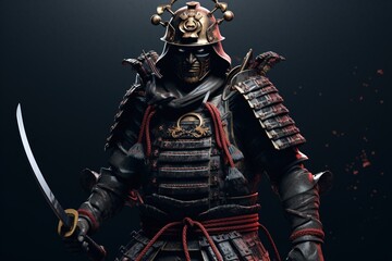 A samurai warrior in traditional armor and a helmet with a red scarf around his neck and two katanas in his hands