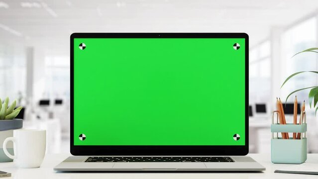 Close up shot of laptop on the desk with green screen chroma key, bright modern office in the background, 4k