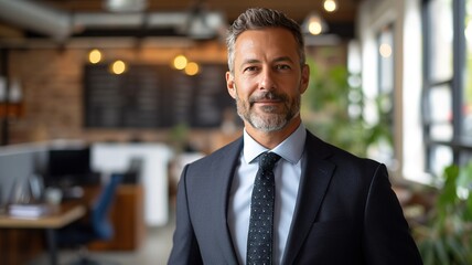 Fototapeta premium Happy mid aged business man ceo standing in office arms crossed. Smiling mature confident professional executive manager, proud lawyer, confident businessman leader wearing black suit, portrait.
