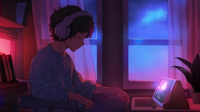 Lofi animation. Seamless loop. Guy listening the music. Assets were created with the help of an AI and then were manually modified and animated.