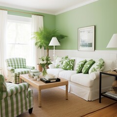 Elegant living room with green walls and white furniture