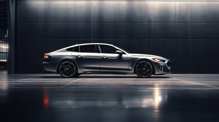 Luxury expensive car parked on dark background. Sport and modern luxury design gray car. Shiny clean lines and detailed front view of modern automotive. - obrazy, fototapety, plakaty