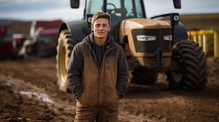 Fototapeta na wymiar Young male farmer standing in front of his tractor