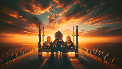 The elegance of a mosque in broad, warm tones of oranges, yellows, and golds. The mosque's graceful silhouettes are elegantly outlined against a vast, warm-colored backdrop. - obrazy, fototapety, plakaty