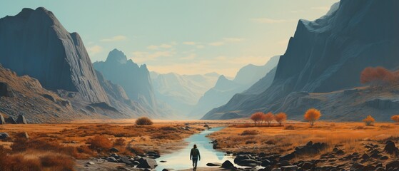 Man walking through a valley with mountains in the background