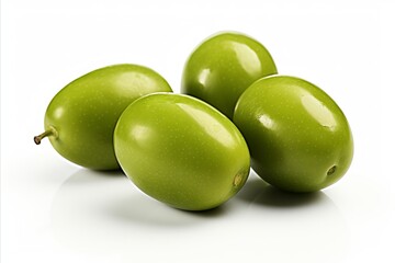 Green olives on white background   isolated fresh olive fruits for culinary and food photography
