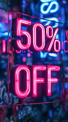 a neon 50% off sale sign in a shop window