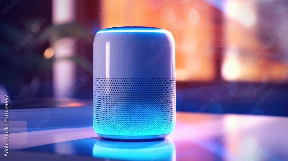 Poster closeup of a voiceactivated smart speaker with led lights indicating it is processing a command.