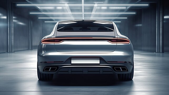 Luxury expensive car parked on dark background. Sport and modern luxury design gray car. Shiny clean lines and detailed front view of modern automotive.