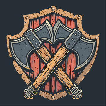Scandinavian shields and axe traditional viking weapon logo vector illustrations 