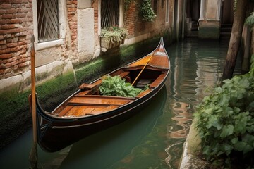 Fototapeta na wymiar Traditional boat floating on Venice canal. Generative AI
