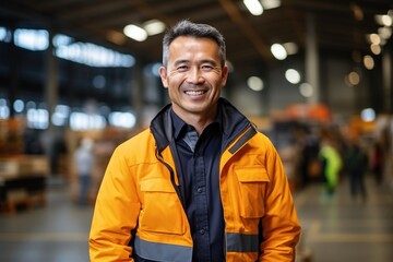Portrait of a smiling Asian male warehouse worker wearing a hard hat and safety vest