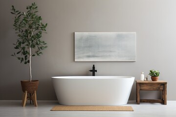 Fototapeta na wymiar Bathroom with a large white bathtub and a plant